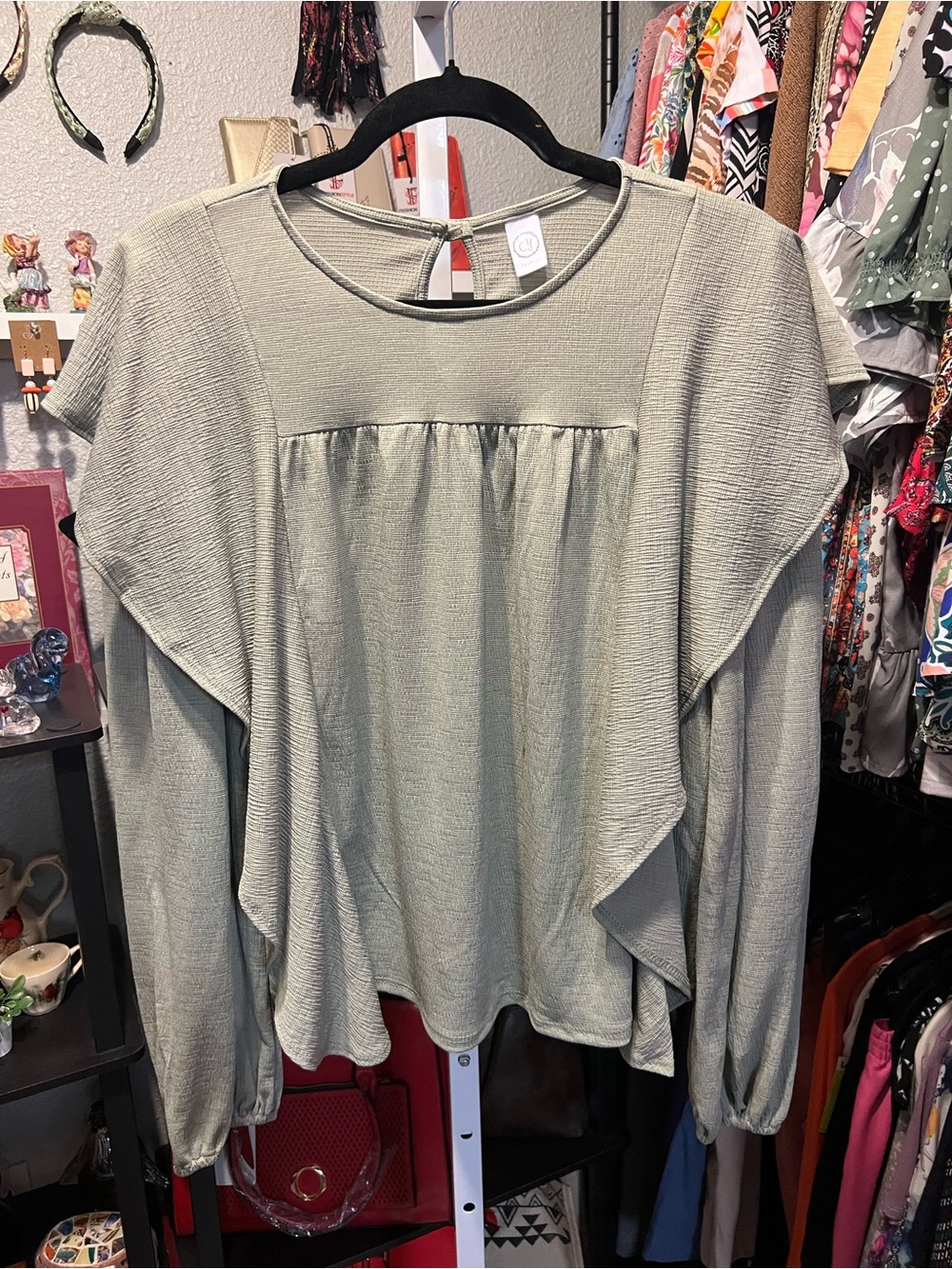CY Fashion Light Sage Ruffle-Trim Long Sleeve Top
